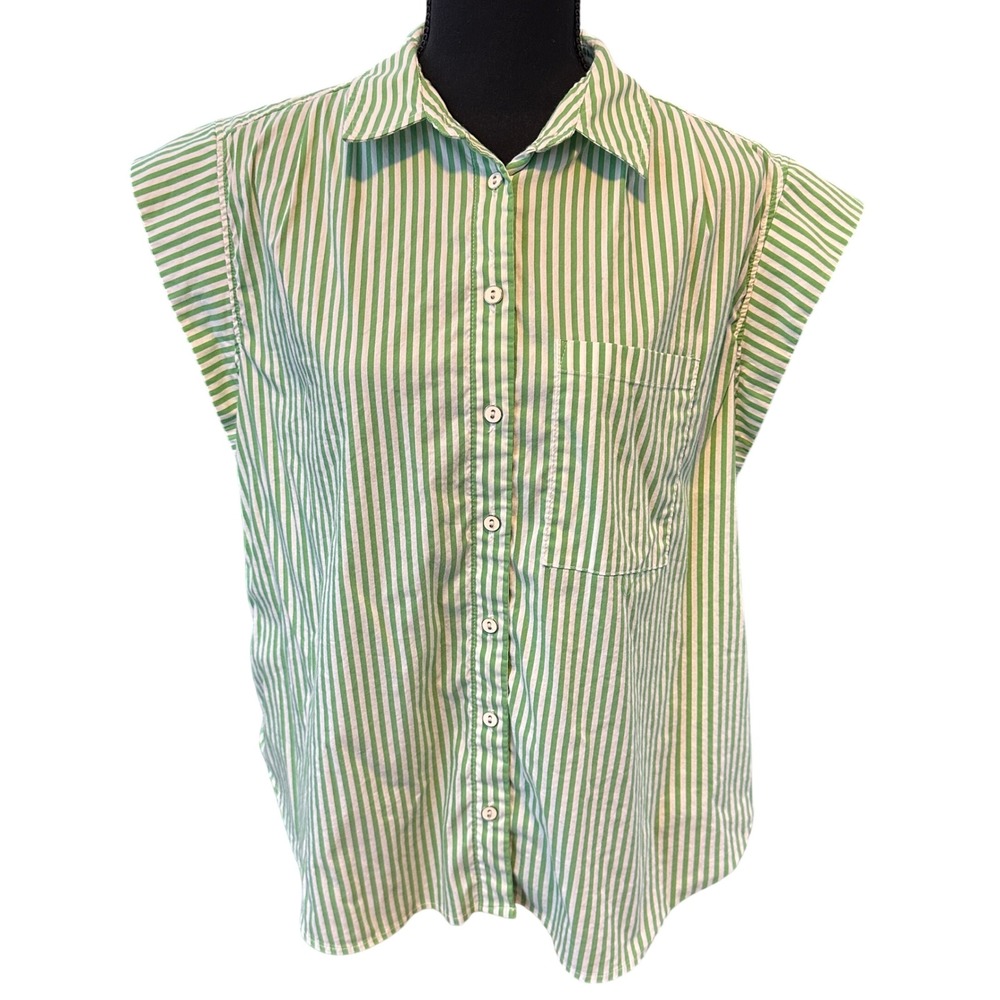 Maeve Anthropologie Green White Striped Sleeveless Button Down Shirt Pocket